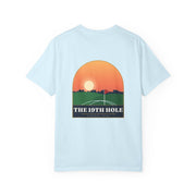 Pete Miller 19th Hole Tee in Chambray, back - illustrated sunset arch scene