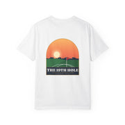 Pete Miller 19th Hole Tee in White, back - illustrated sunset arch scene: THE BEST HOLE IS THE ONE WITH THE BAR
