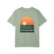 Pete Miller 19th Hole Tee in Bay sage, back - illustrated sunset arch scene