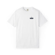 Pete Miller Crest Tee in White, front - small navy crown high at the left chest