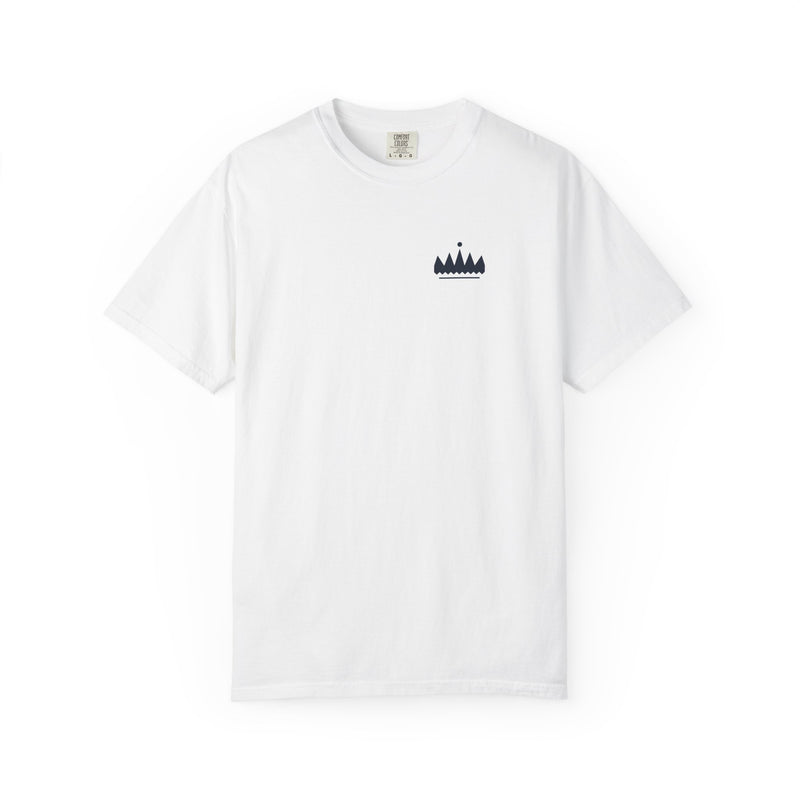 Pete Miller Crest Tee in White, front - small navy crown high at the left chest