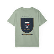 Pete Miller Crest Tee in Bay sage, back - navy crest shield with signature