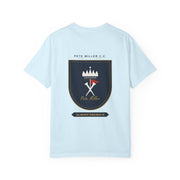 Pete Miller Crest Tee in Chambray, back - navy crest shield with signature