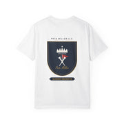 Pete Miller Crest Tee in White, back - navy shield with white crown, crossed tees, flag and Pete Miller signature