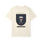 Pete Miller Crest Tee in Ivory, back - navy crest shield with signature