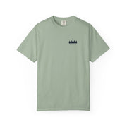 Pete Miller Crest Tee in Bay sage, front - navy crown high at the left chest