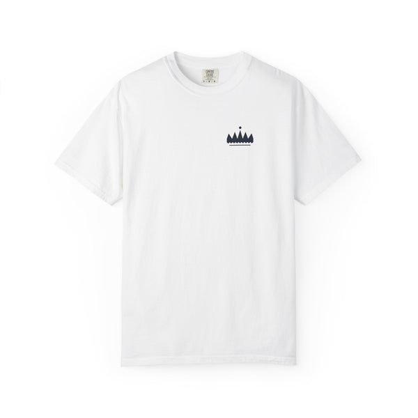 Pete Miller Scorecard Tee in White, front - small navy crown high at the left chest