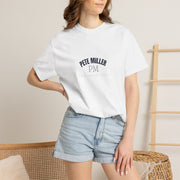 Pete Miller Varsity Tee worn, front view with the arched collegiate lockup