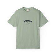 Pete Miller Varsity Tee in Bay sage green, front view - arched PETE MILLER collegiate lockup