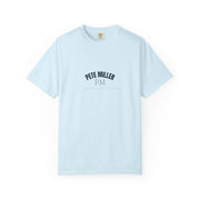 Pete Miller Varsity Tee in Chambray light blue, front view - arched PETE MILLER collegiate lockup
