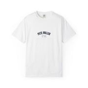 Pete Miller Varsity Tee, front view - arched PETE MILLER collegiate lockup high on the chest of a white garment-dyed heavyweight tee