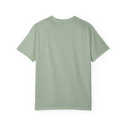 Pete Miller Varsity Tee in Bay sage green, back view