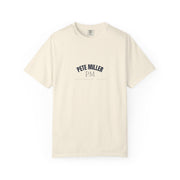 Pete Miller Varsity Tee in Ivory, front view - arched PETE MILLER collegiate lockup